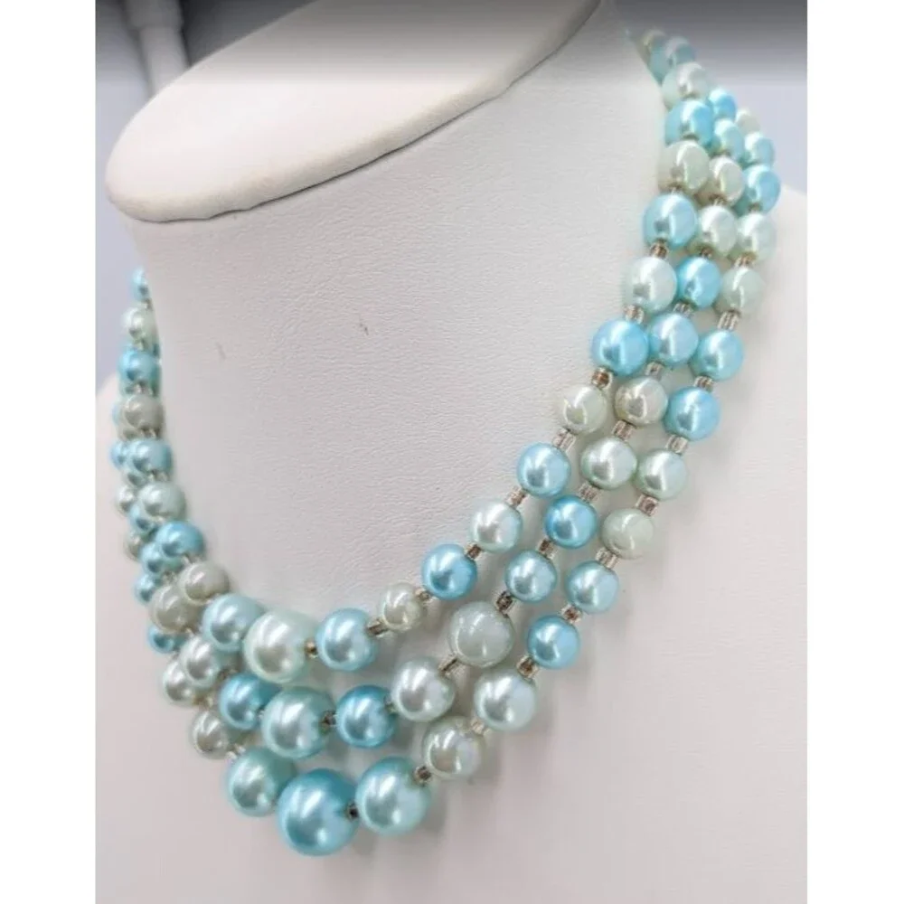 Vintage Japan Triple Strand Faux Pearl Necklace Aqua Cream Silver Tone 18 Inch